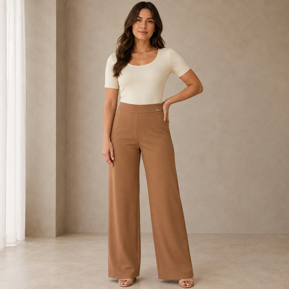 Tahari Women Camel Brown Wide Leg Ponte Knit Pull On Dress Pants Size M Chic
